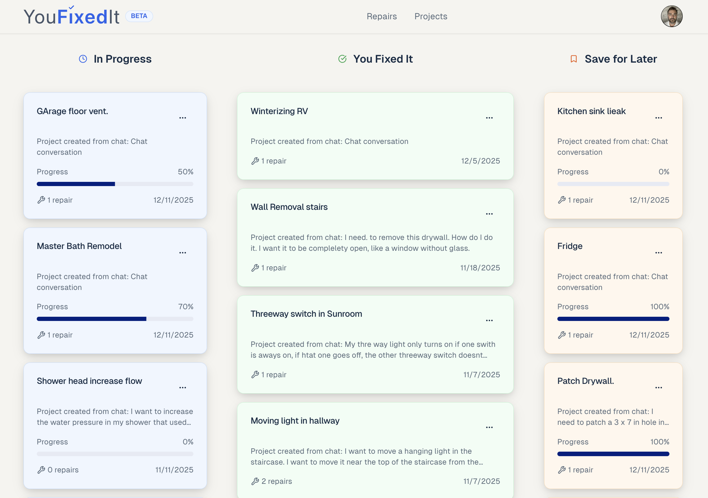 Projects dashboard showing organized repairs with progress tracking and status management