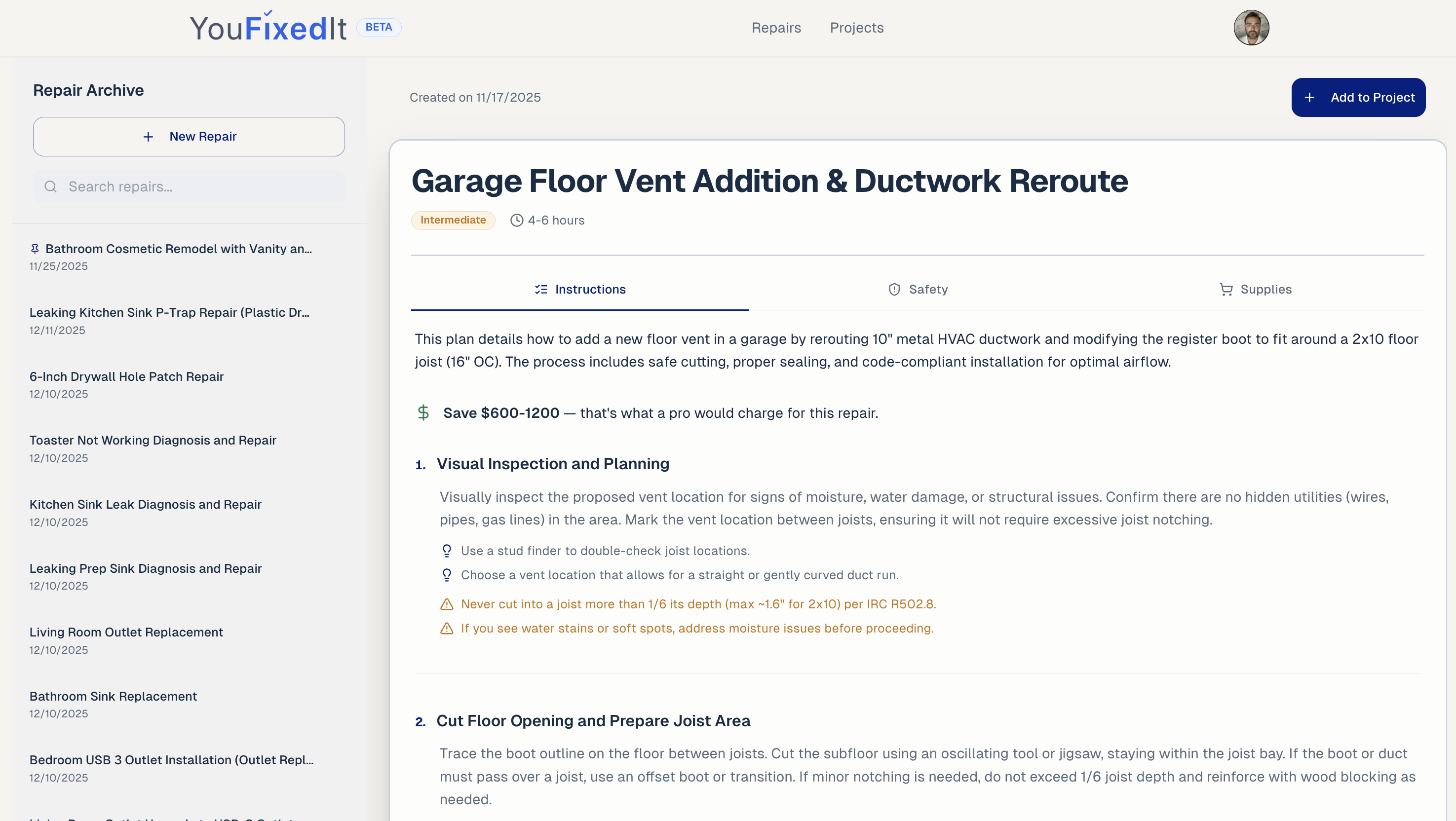 Repairs page showing list of past repairs with search functionality and repair history