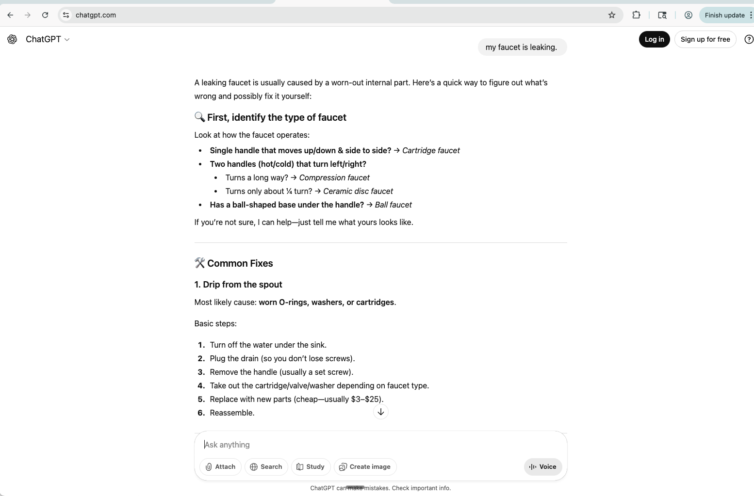 ChatGPT response to 'my faucet is leaking' showing generic troubleshooting steps