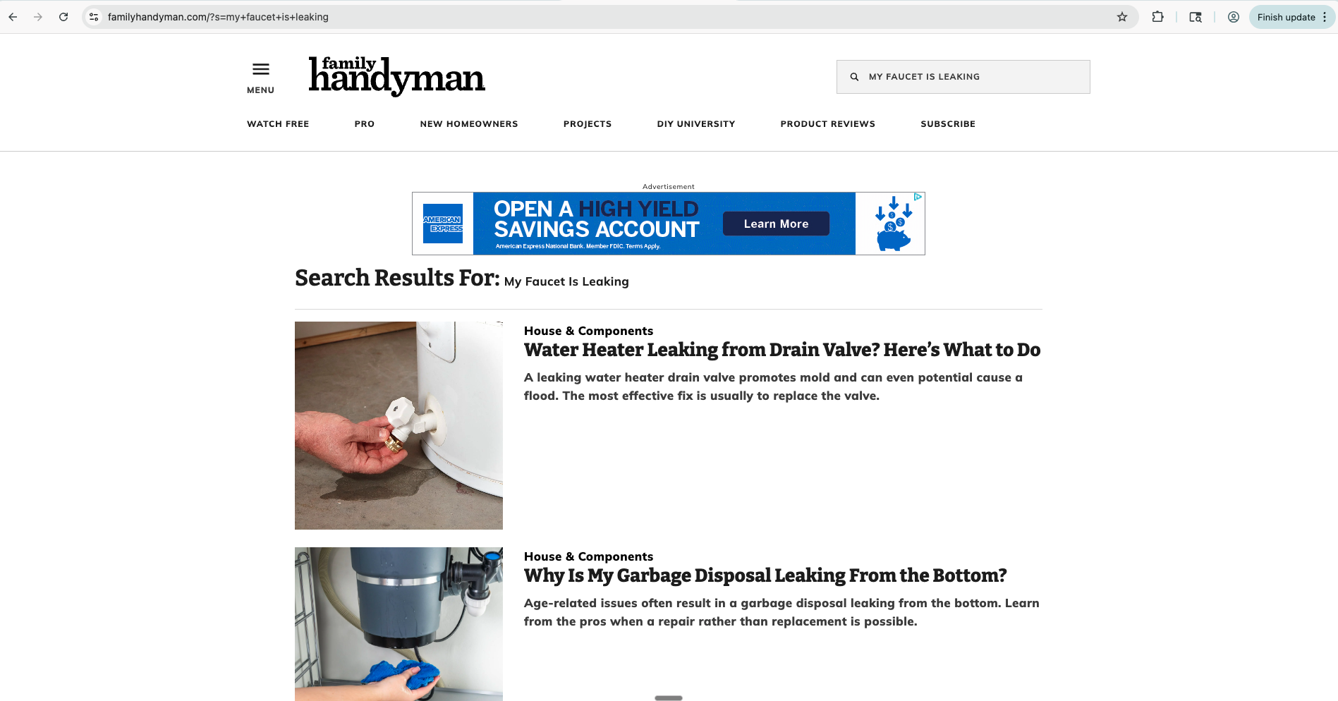 Family Handyman search results for 'my faucet is leaking' showing related articles