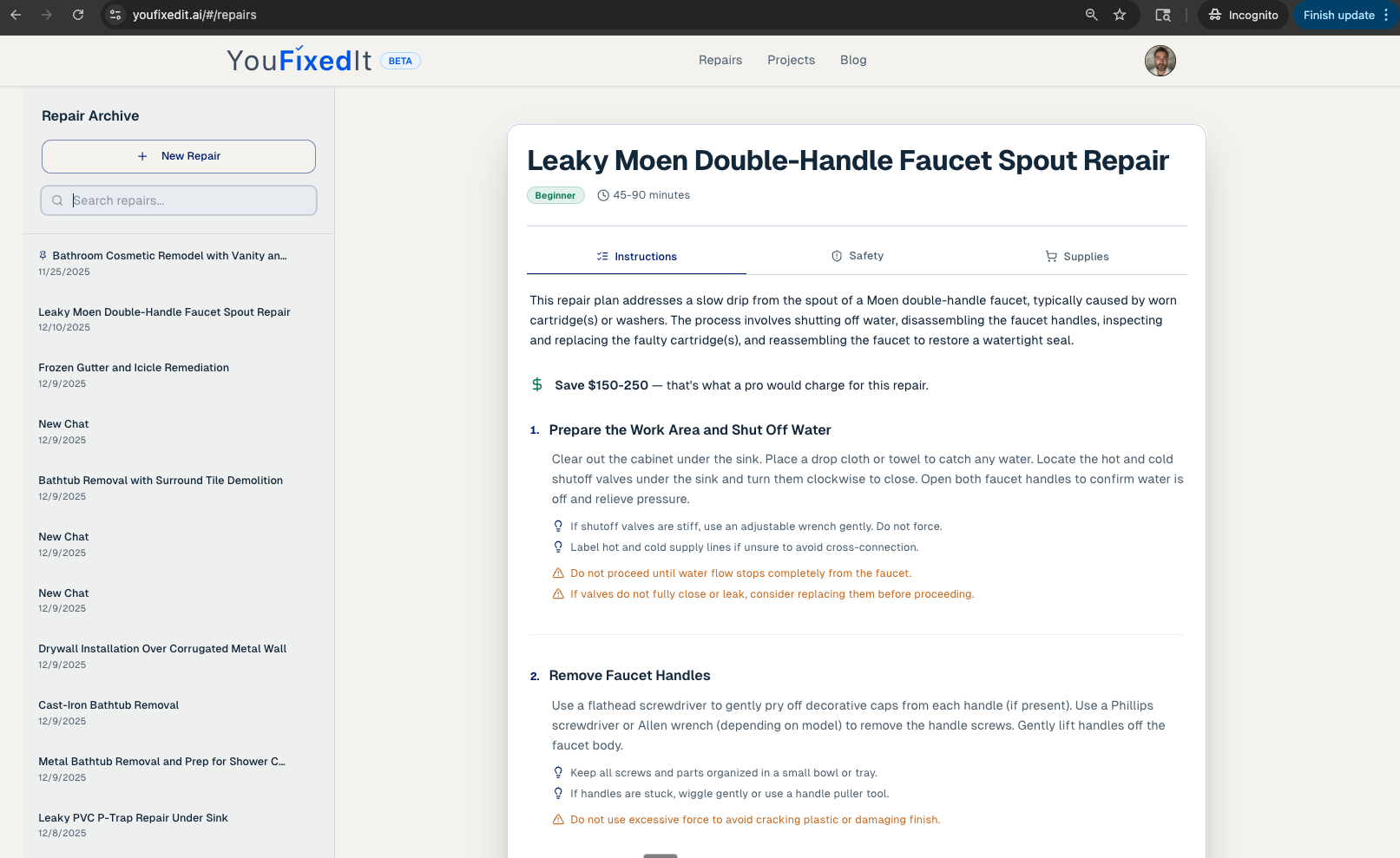 You Fixed It showing a Leaky Moen Double-Handle Faucet Spout Repair plan with step-by-step instructions