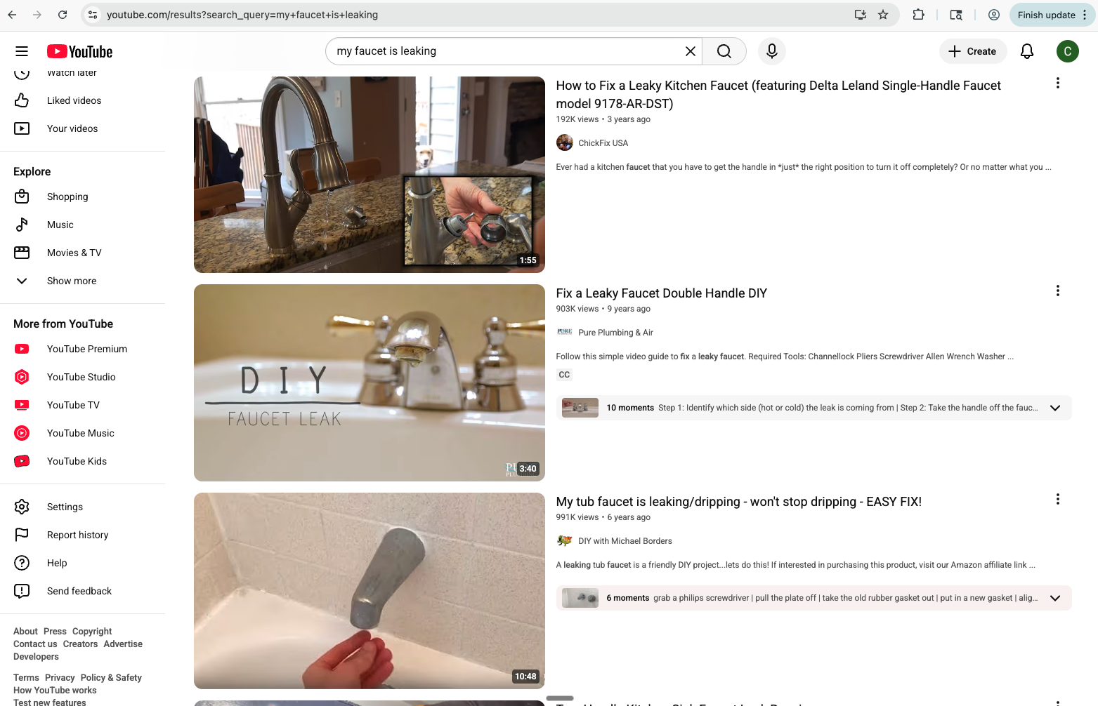 YouTube search results for 'my faucet is leaking' showing various DIY repair videos