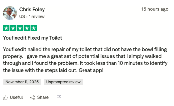 Trustpilot review from Chris Foley - Youfixedit Fixed my Toilet