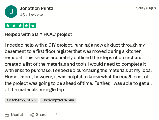 Trustpilot review from Jonathan Printz - Helped with a DIY HVAC project